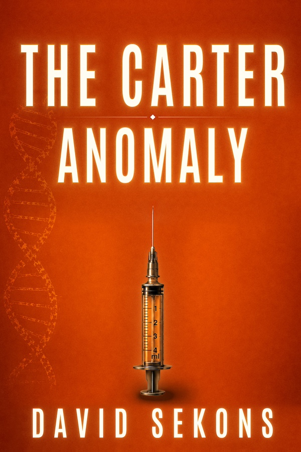Cover of The Carter Anomaly by David Sekons: a glowing syringe and a strand of DNA on a burnt-orange background